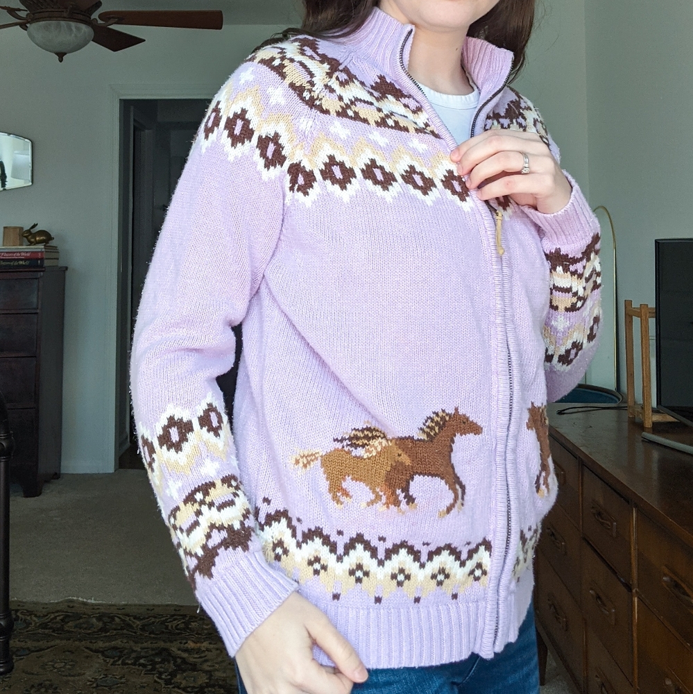 Vintage Rod's Lavender Embroidered Horse Cardigan
